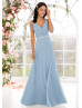 Halter Neck Beaded Pleated Blue Chiffon Bridesmaid Dress